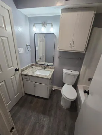 a bathroom with a sink toilet and mirror