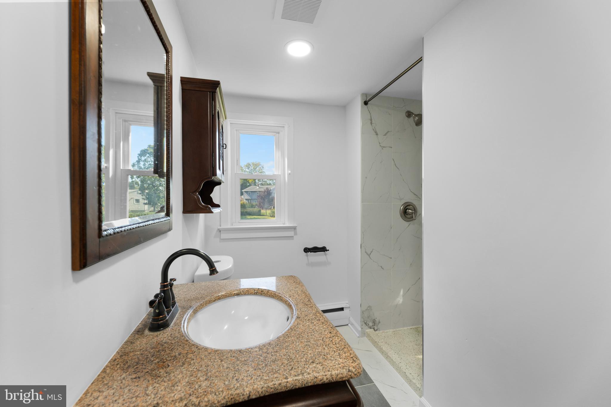 245 Paxson Avenue Hamilton, NJ 08690 - Photo 12 of 26 a bathroom with a granite countertop sink a mirror and shower