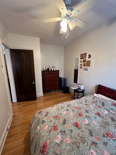 4224 North Clark Street, Unit 3 Chicago, IL 60613 - Photo 13 of 15 a bedroom with a bed and a chandelier