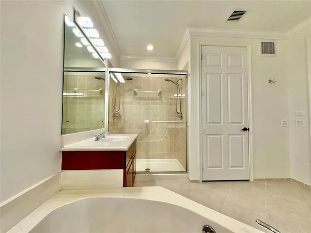 a bathroom with a tub shower vanity and sink