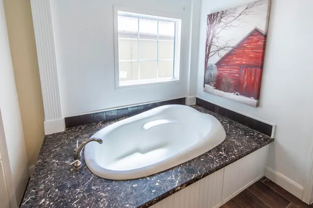 a bathroom with a bathtub and shower