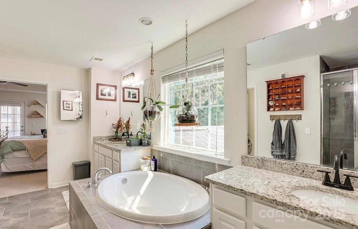411 Stonefield Circle Moncks Corner, SC 29461 - Photo 36 of 42 a bathroom with a granite countertop sink mirror and a bathtub