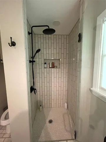 a bathroom with a shower and toilet