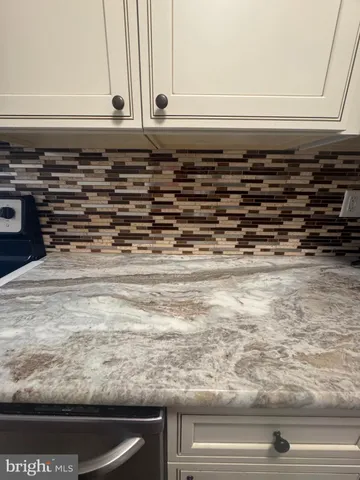 a close view of kitchen counter top and oven