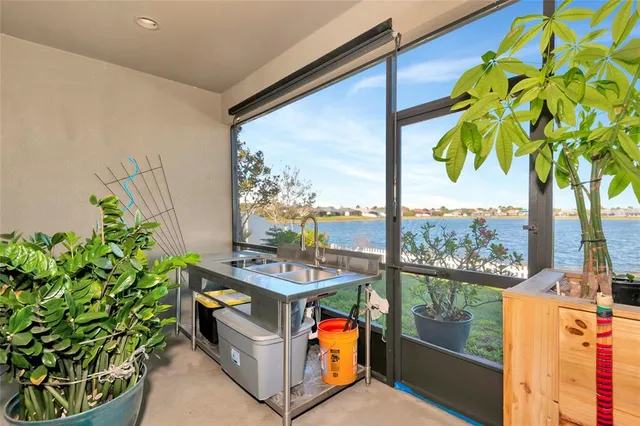 a view of a balcony with lake view and a potted plant