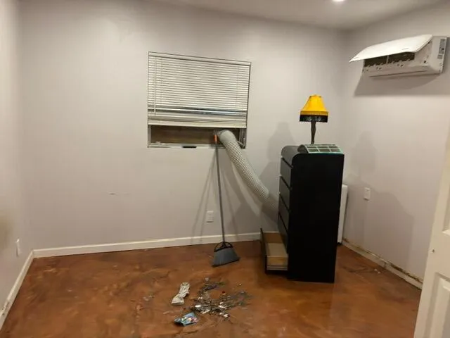 a room with a wooden floor and a potted plant