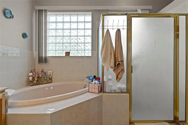 a bathroom with a bathtub and a shower