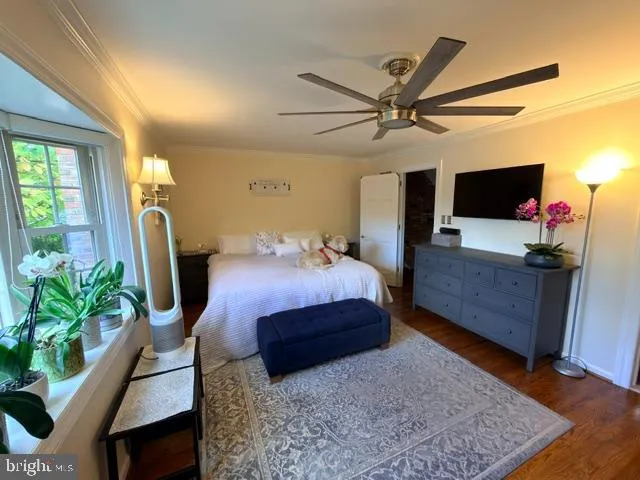 a bedroom with a bed a computer on the desk and a dresser