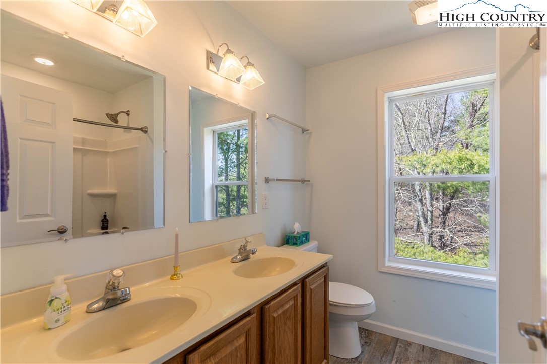 449 Meadow Ridge Drive Jefferson, NC 28640 - Photo 23 of 37 a bathroom with a sink a toilet a mirror and a window
