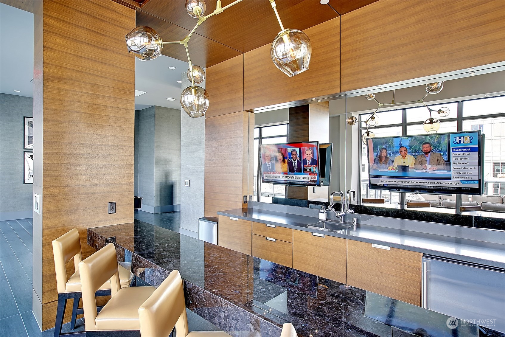 583 Battery Street, Unit 1601N Seattle, WA 98121 - Photo 24 of 27 a room with pool table and a chandelier