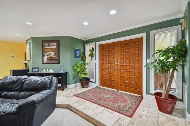 a living room with a couch and a potted plant