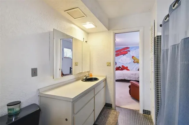 a bathroom with a sink and a mirror