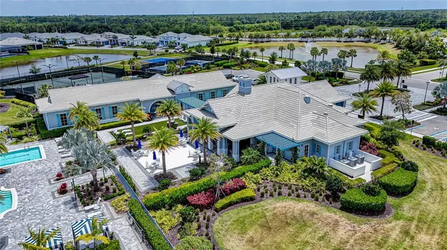 an aerial view of a house with a swimming pool outdoor seating and yard view