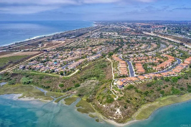 an aerial view of residential houses with outdoor space and trees