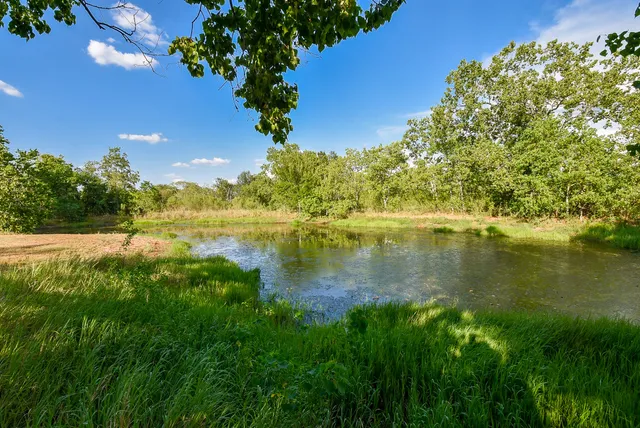 a view of a lake with a yard