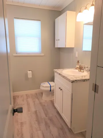 a bathroom with a sink toilet and mirror