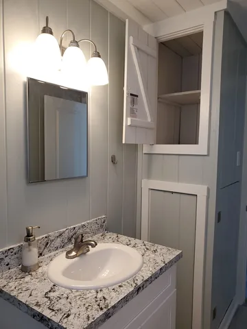 a bathroom with a sink and a mirror