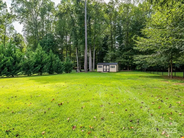a view of a swimming pool with a big yard and large trees