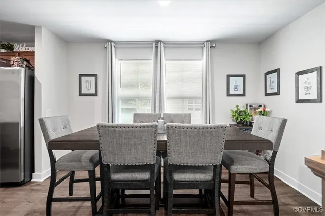 a view of a dining room with furniture and window