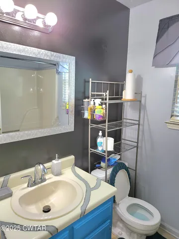 a bathroom with a sink a toilet and mirror