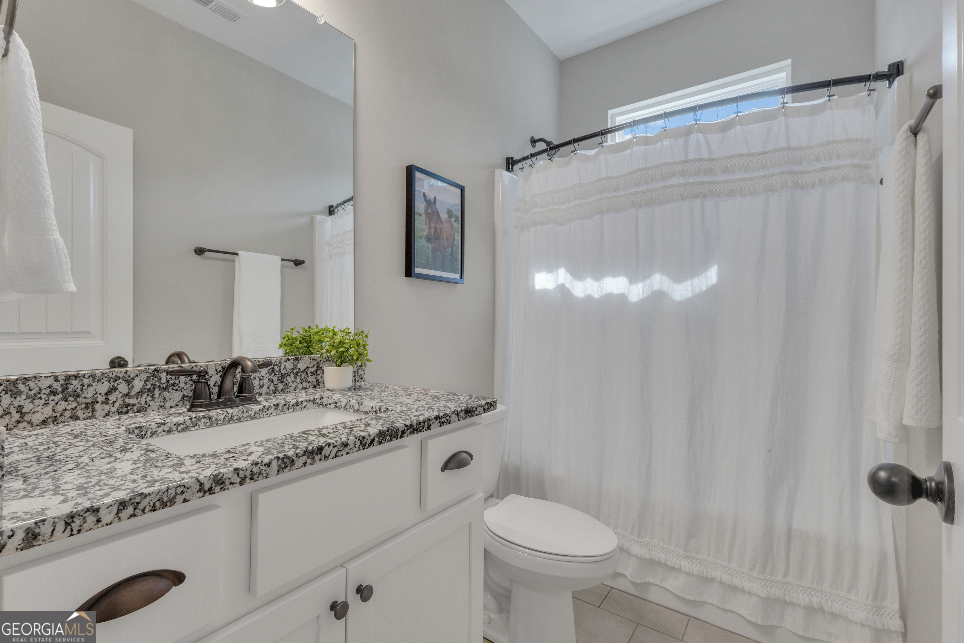 50 Cushing Street Senoia, GA 30276 - Photo 35 of 72 a bathroom with a granite countertop sink and a mirror