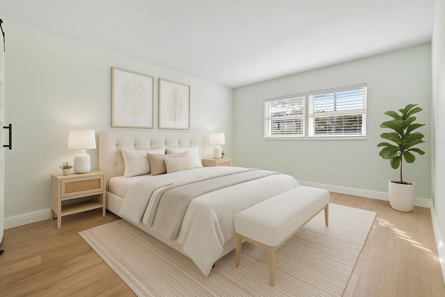 1951 Northeast 39th Street, Unit 156 Lighthouse Point, FL 33064 - Photo 11 of 43 a bedroom with a large bed a potted plant and a window