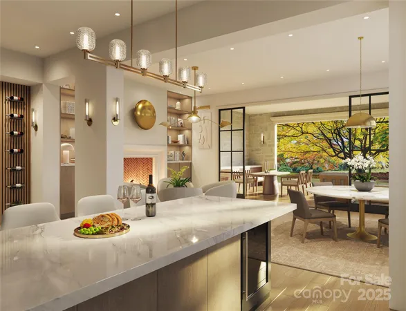 a living room with furniture a chandelier and kitchen view