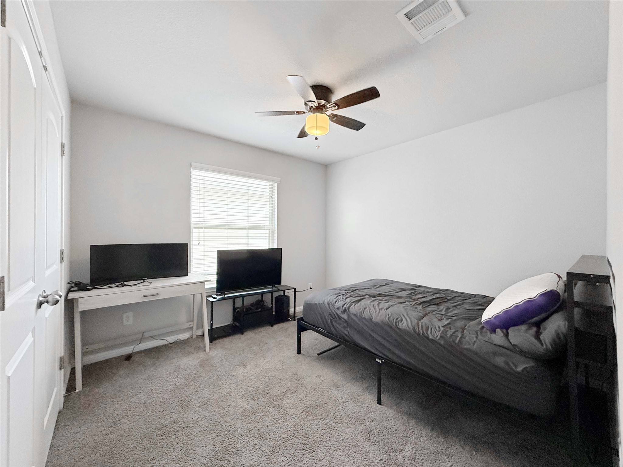 429 Rusk Bluff Avenue Leander, TX 78641 - Photo 18 of 24 Well-lit sleeping quarters with a window, carpeted flooring, and a ceiling fan.
