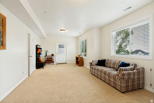 298 North Canyon Road Bountiful, UT 84010 - Photo 34 of 57 Carpeted room featuring multiple windows with blinds, a white paneled door with frosted glass, and ceiling-mounted lighting fixtures