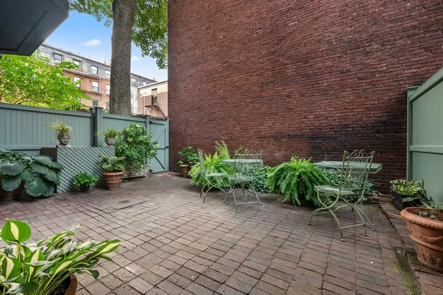 a view of a backyard with chair and potted plants