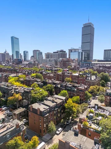 a city view with tall buildings