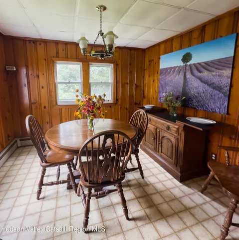 a view of a dining room with furniture and window