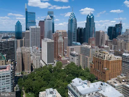 a city view with tall buildings