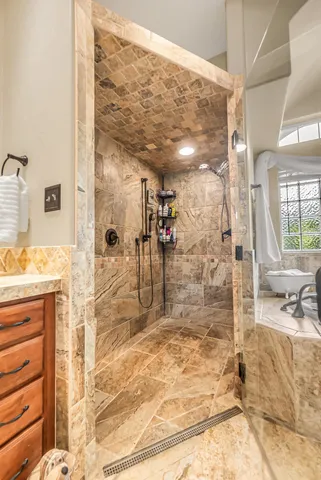 a bathroom with shower
