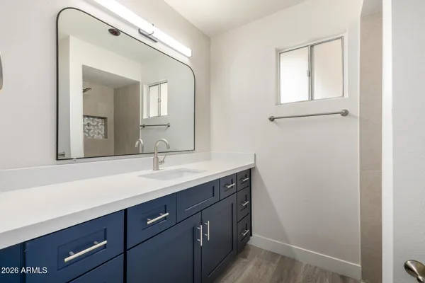 a bathroom with a sink and a mirror