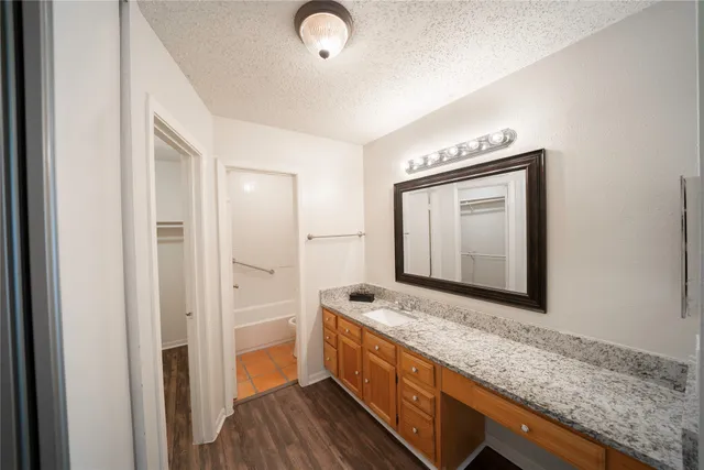 a bathroom with a granite countertop double vanity sink and a mirror