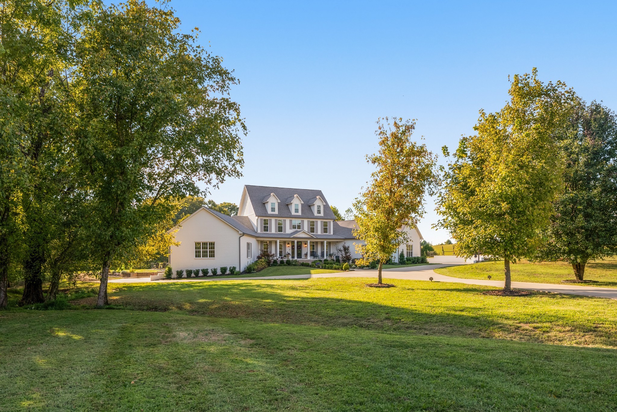 a view of large trees in front of a house