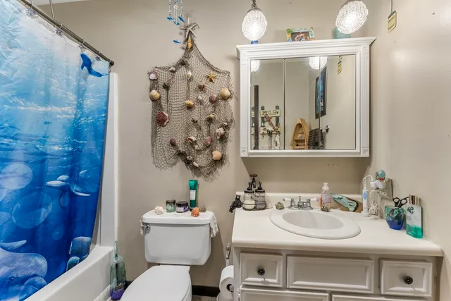 a bathroom with a sink a toilet and shower curtain