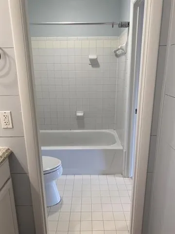 a bathroom with a bathtub and a toilet