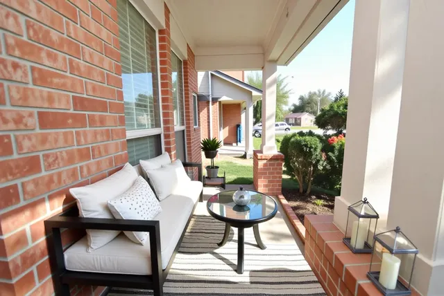 a balcony view with a glass table and chairs