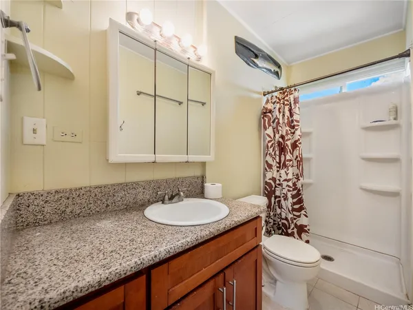 a bathroom with a granite countertop sink toilet and shower