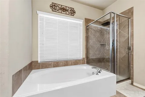 a bathroom with a bathtub and a shower