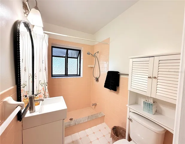 a bathroom with a sink a toilet and mirror