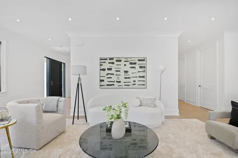 a living room with furniture flowerpot and wooden floor