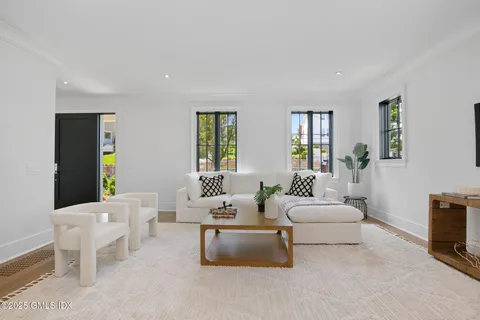 a living room with furniture and a potted plant