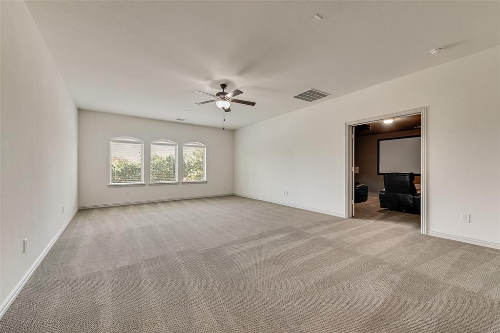 2021 Calisto Way Allen, TX 75013 - Photo 25 of 34 Spacious carpeted room featuring three arched windows with blinds, a ceiling fan with integrated lighting, and an open doorway leading to an additional room