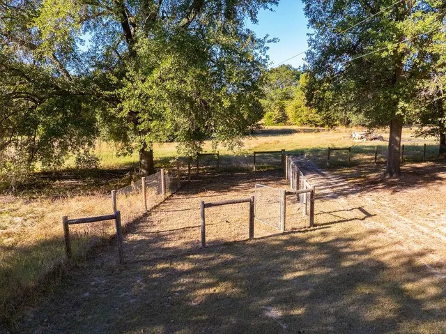a view of a field with trees in the background