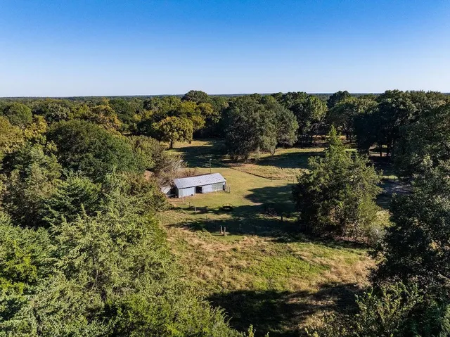 a view of a dry yard with mountains in the background