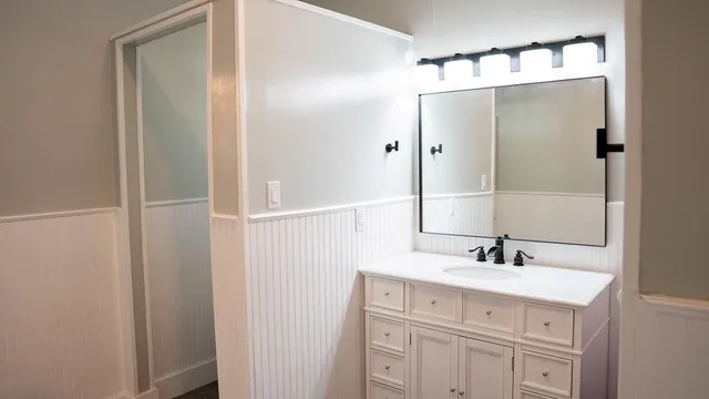 a bathroom with a sink and a mirror
