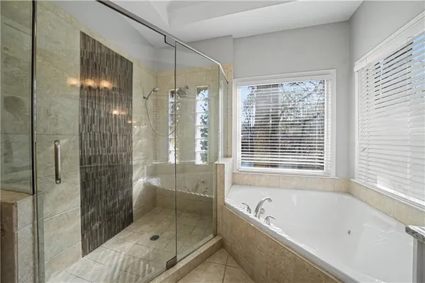 a bathroom with a bathtub and a shower
